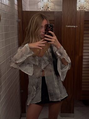 Zara Sheer Snake-Print Ruffle Blouse